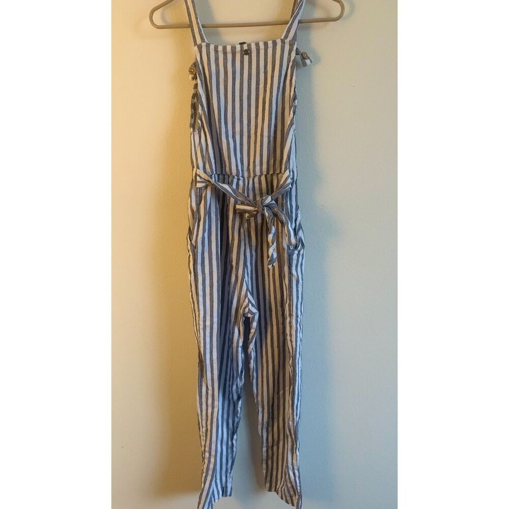 Roxy Women’s Striped Jumpsuit Overalls Blue White Tie Waist Coastal Beach